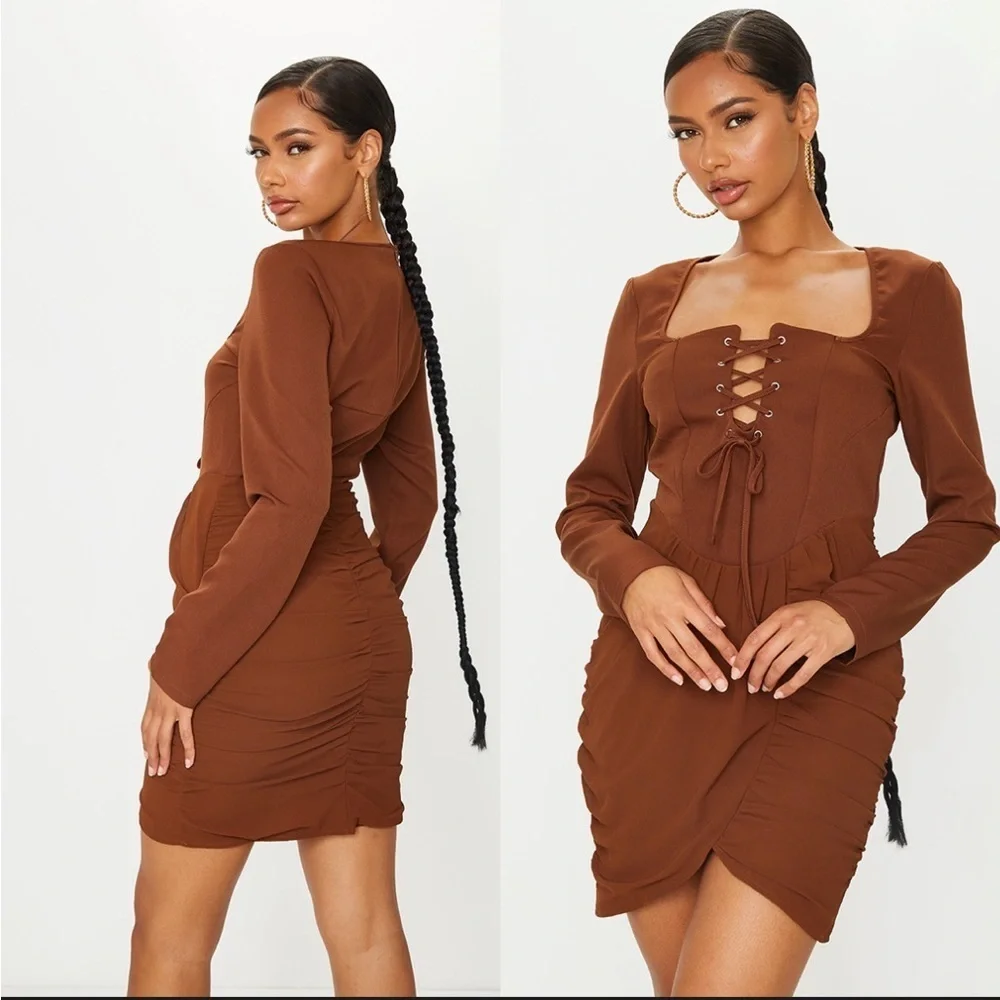 PRETTYLITTLETHING Lace Up Front Long Sleeve Bodycon Dress